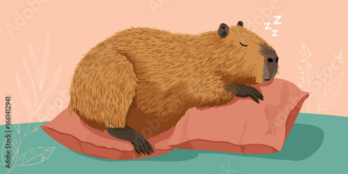 Cute illustrated capybara with shaggy brown fur sleeping peacefully on a soft pink pillow.