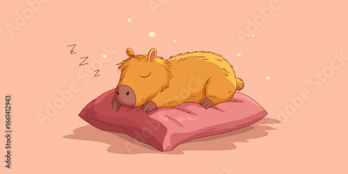 Adorable cartoon capybara with shaggy brown fur sleeping peacefully on a soft pink pillow.