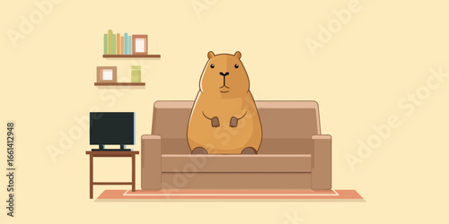 A calm, cute cartoon capybara sitting upright on a brown couch in a cozy living room.