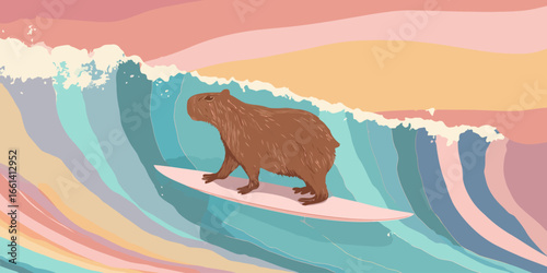 A cool, illustrated brown capybara with shaggy fur, calmly surfing on a pink surfboard.