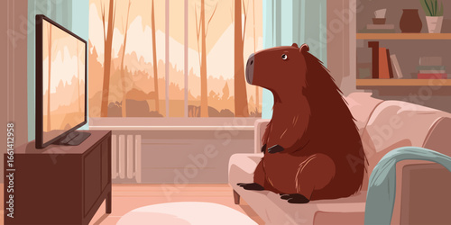 Calm brown capybara with shaggy fur sitting upright, looking forward with a serene and attentive expression.