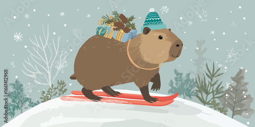 A festive cartoon capybara wearing a winter hat, skiing down a hill while carrying Christmas presents on its back.