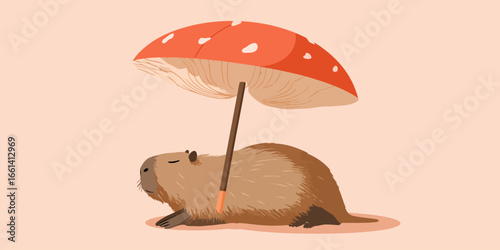 A cute, furry capybara with closed eyes resting peacefully under a large red mushroom umbrella.