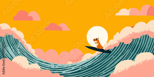 A cool cartoon capybara with sunglasses surfing on a large, stylized teal and pink ocean wave.