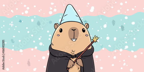A cute cartoon capybara wizard wearing a pointy blue hat and a black cloak while holding a magic wand.