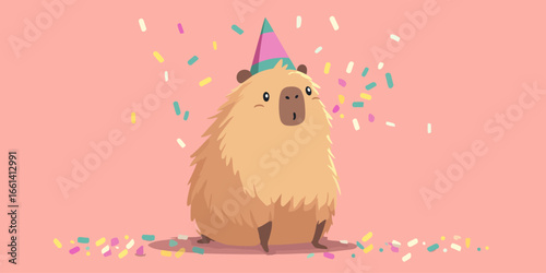 A cute, fluffy cartoon capybara wearing a colorful party hat, sitting amidst falling confetti with a surprised expression.