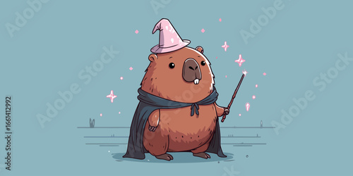 Cute cartoon capybara wizard in a pink hat and dark cape holding a sparkling magic wand.
