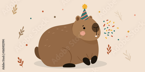A cute, chubby cartoon capybara wearing a colorful striped party hat and blowing confetti in celebration.