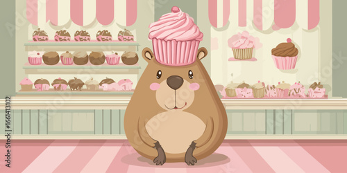 Charming illustrated brown bear with a sweet pink cupcake hat and a gentle smile.