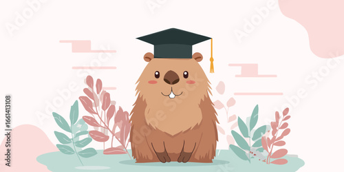 A charming, fluffy brown groundhog character wearing a graduation mortarboard hat and smiling happily.