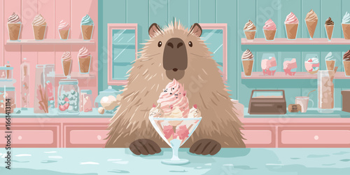 Adorable shaggy brown capybara character sitting with a large pink ice cream sundae.