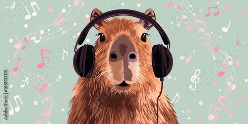 A cute, illustrated capybara with shaggy brown fur wearing large black headphones and looking forward.