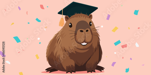 Smiling brown furry capybara character wearing a dark mortarboard and golden tassel.