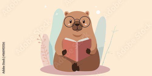 A studious cartoon gopher with round glasses, sitting cross-legged while attentively reading an open red book.