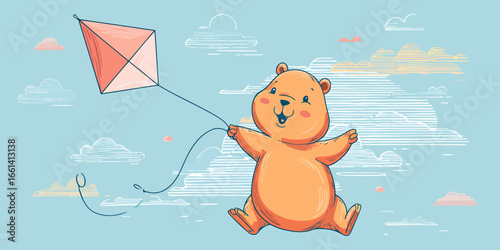 A joyful, chubby cartoon bear with a happy expression flying a pink kite.