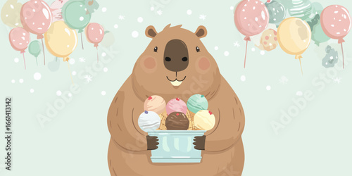 A happy, chubby brown groundhog holding a large bucket of colorful ice cream cones.