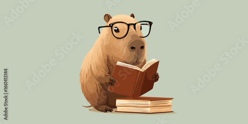 Illustrated scholarly capybara with eyeglasses, sitting and reading a brown book.