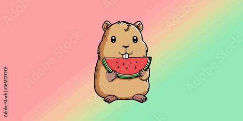 Cute cartoon groundhog with buck teeth holding a large slice of red watermelon.