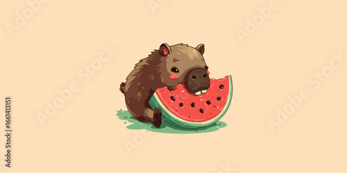 Adorable cartoon capybara with buck teeth happily eating a large slice of watermelon.