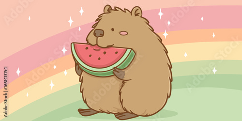 Adorable brown capybara with shaggy fur, happily eating a large, juicy slice of watermelon.
