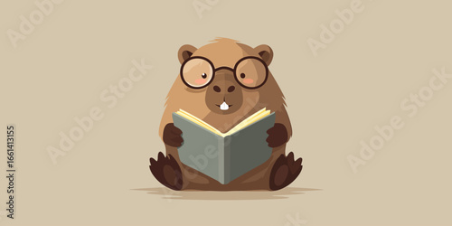 Studious cartoon beaver with round glasses and buck teeth sitting and reading a book.