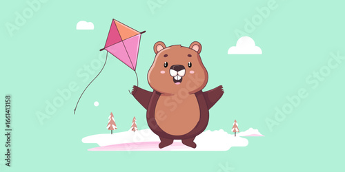 Joyful cartoon groundhog with open arms and a happy expression holding a colorful pink kite.