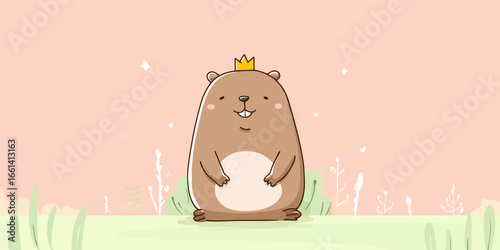 A cute, chubby cartoon groundhog king wearing a small golden crown and smiling with buck teeth.