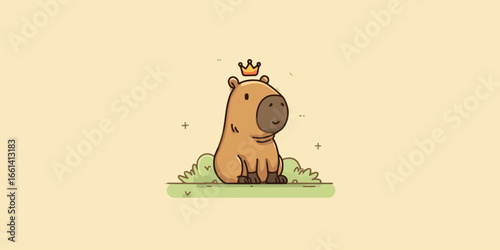 A cute cartoon capybara with a small golden crown sitting calmly on a patch of green grass.