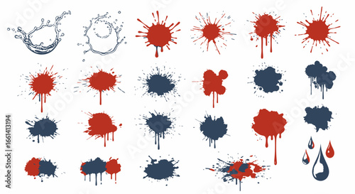 An array of vector graphic splatters and splashes in red, blue, and clear water, arranged in rows.