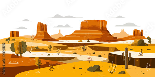 Stylized desert landscape illustration with orange buttes, mesas, and cacti in a flat vector art style.