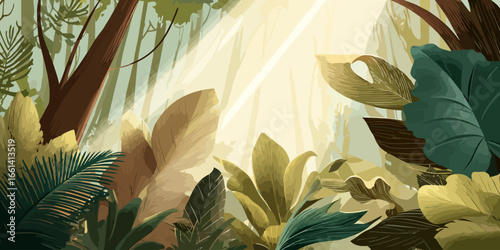 Lush tropical jungle illustration with dense foliage and bright sunbeams filtering through the canopy.
