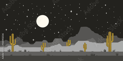 Stylized desert night landscape with yellow saguaro cacti, mountains, and a full moon under a starry sky.