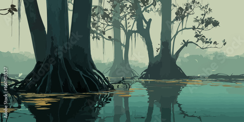 Stylized illustration of a misty swamp with dark cypress trees and murky water reflections.
