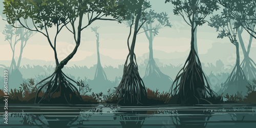 A serene, misty mangrove forest illustration with tangled prop roots reflected in calm, dark water.