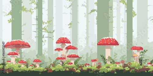 Pixel art scene of red and white Amanita muscaria mushrooms growing on a mossy forest floor.