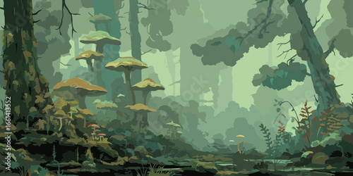 Enchanted misty forest landscape illustration with towering fantasy mushrooms and ancient trees.