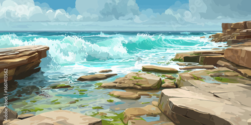 Vibrant vector illustration of turquoise ocean waves crashing against a rocky, mossy coastline.