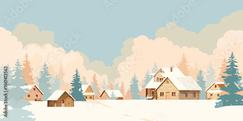 Serene illustrated village of snow-covered wooden cabins nestled in a pine forest.