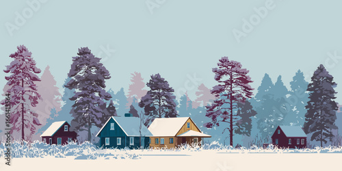 Colorful wooden cabins with snow-covered roofs in a serene, stylized winter pine forest landscape.