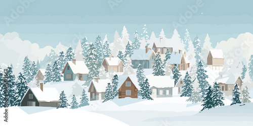 Charming winter village with snow-covered cabins nestled among evergreen pine trees.