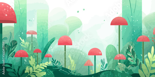 Vibrant red-capped mushrooms in a lush, stylized green forest with a watercolor texture.
