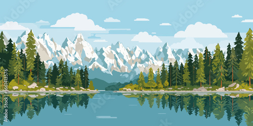 Serene panoramic landscape illustration of snow-capped mountains and a pine forest reflected in a calm, clear lake.