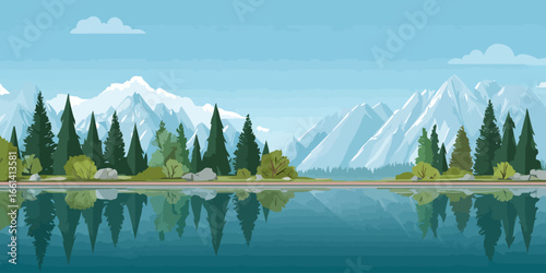 Vector illustration of a serene mountain lake with a pine forest and snow-capped peaks reflected in the calm water.