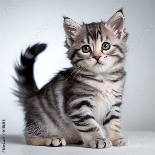 Adorable gray tabby kitten sitting on white background looking at camera