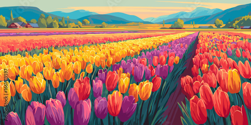 Vibrant rows of red, yellow, and purple tulips blooming in a stylized, picturesque field.