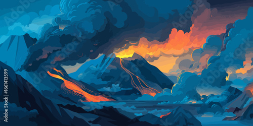 A dramatic, stylized volcanic eruption with glowing orange lava flowing under a dark blue, smoky sky.