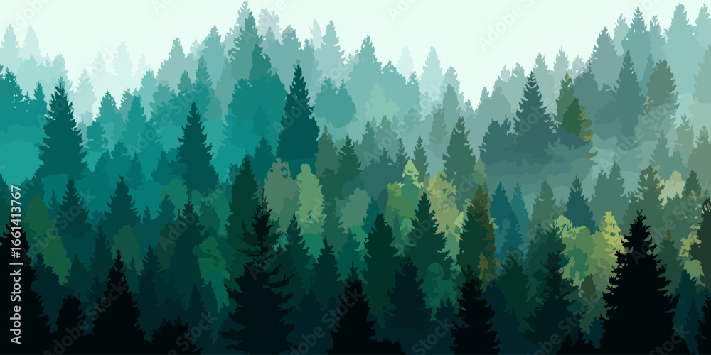 Obraz premium Stylized panoramic illustration of a dense, layered pine forest with a misty, atmospheric effect.