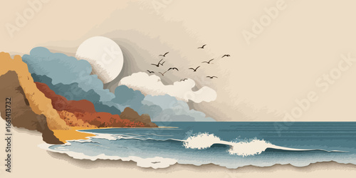 Artistic coastal scene with layered cliffs, blue ocean waves, and birds flying past a pale sun.