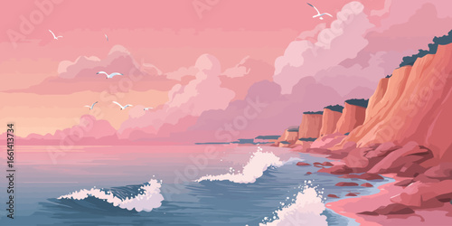 Serene coastal landscape illustration with a pink sunset sky, rocky cliffs, and ocean waves.