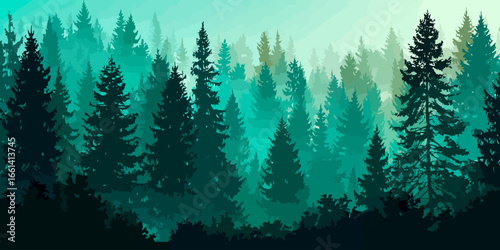 A stylized panoramic illustration of a dense coniferous forest with layered tree silhouettes in cool teal and green tones.